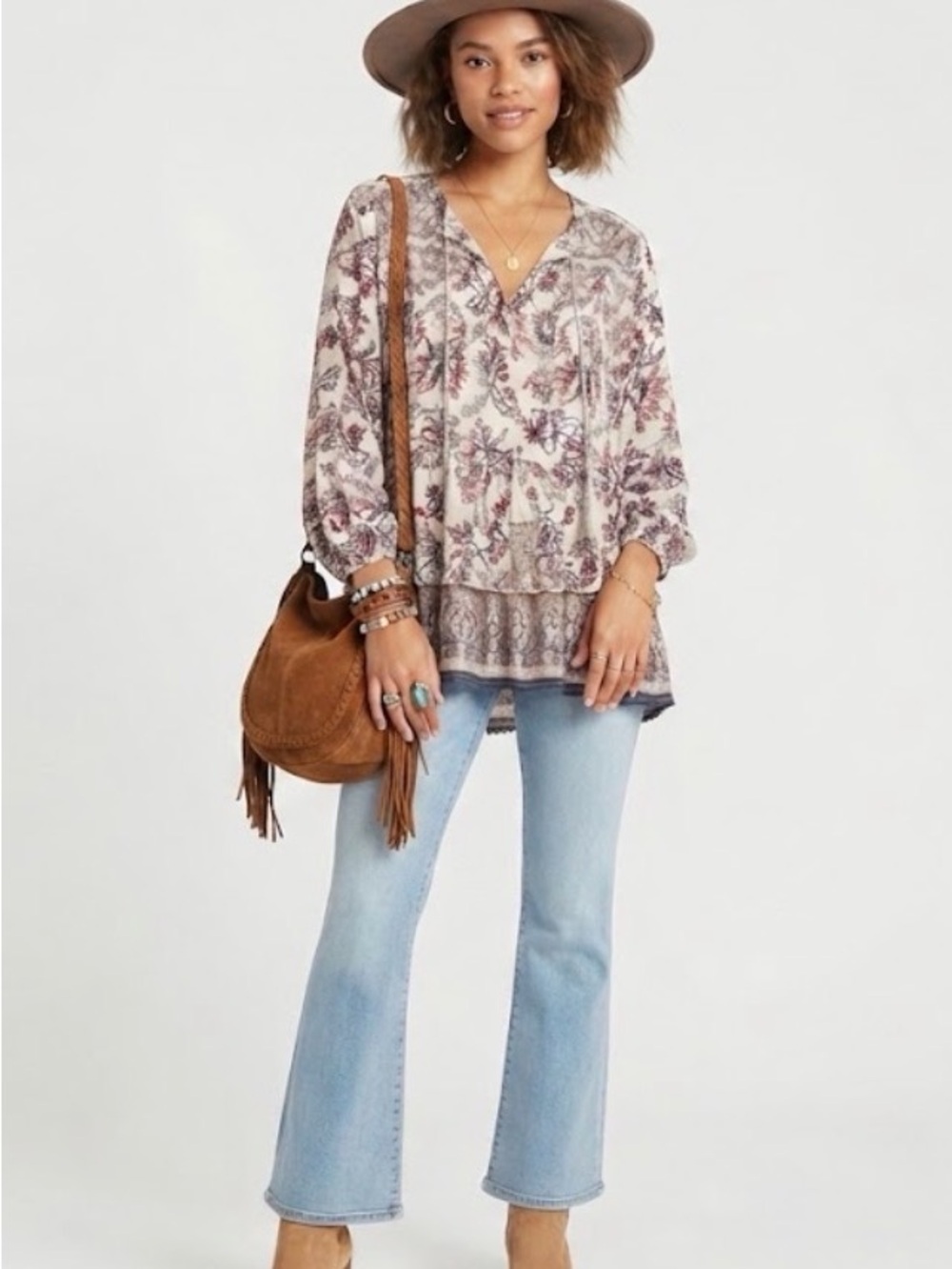 Boho Floral V-Neck Tunic Top - Cream & Mauve